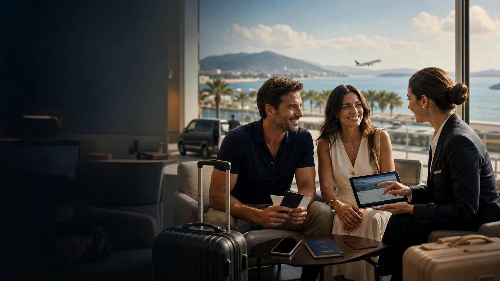 Travellers planning an international holiday with a travel concierge, luggage, passports, and a coastal destination
